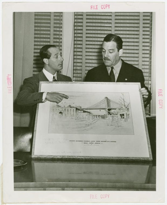 Amusements - Villages - Old New York - Grover Whalen holding sketch