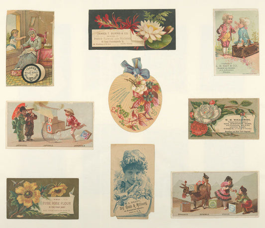 Trade cards depicting women, children, men, Japan, Spain, flowers, grapes, fans, a bee, thread, a wheelbarrow, a donkey, a parasol, sewing, a bird perched on a finger and a girl poking a woman's eye.