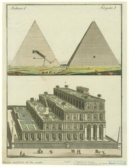 Durchschnitt und Inneres der großen Pyramide ; Die schwebenden Gärten