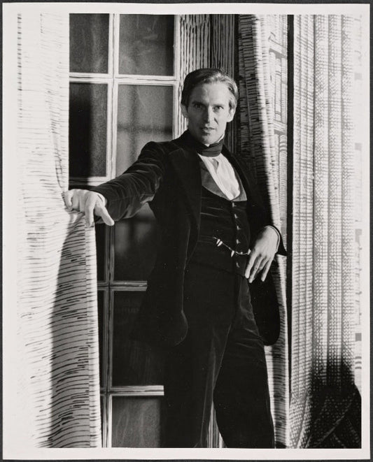 Jeremy Brett in the touring stage production of the 1977-80 revival of Dracula, sets by Edward Gorey