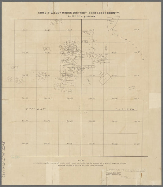 Summit Valley Mining District, Deer Lodge County, Butte City, Montana : map showing rectangular survey of public land (usual method) with the survey of a mineral district therein, showing method of quartz or lode claim locations