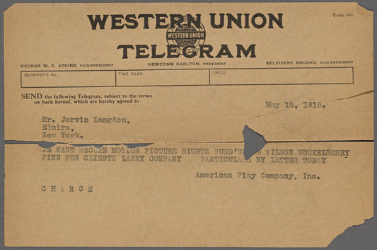 Agreements, correspondence, forms, statements from various theatrical agencies concerning Samuel Langhorne Clemens from the files of the American Play Company.: Pudd'nhead Wilson