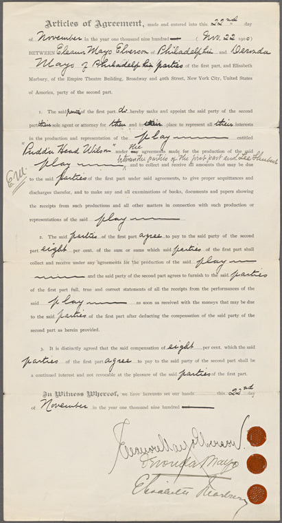 Agreements, correspondence, forms, statements from various theatrical agencies concerning Samuel Langhorne Clemens from the files of the American Play Company.: Pudd'nhead Wilson