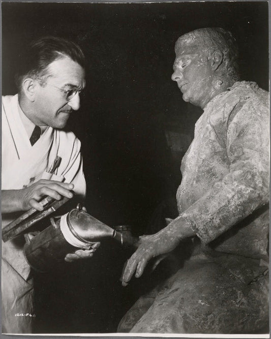 Lon Chaney, Jr. and Jack Pierce in a scene from The Ghost of Frankenstein.