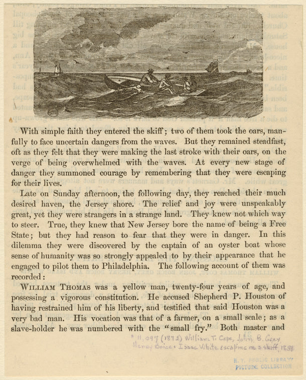 William T. Cope, John B. Grey, Henry Boice, and Isaac White escaping in a skiff 1856