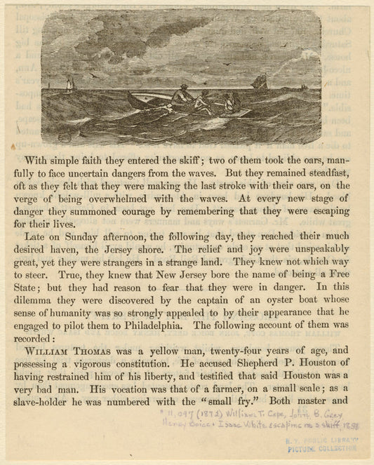 William T. Cope, John B. Grey, Henry Boice, and Isaac White escaping in a skiff 1856